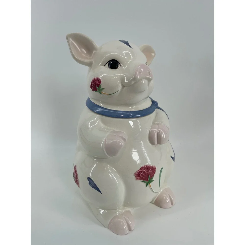 Lenox Poppies on Blue Pig Cookie Jar Poppies Barnyard White Blue Cottagecoe
